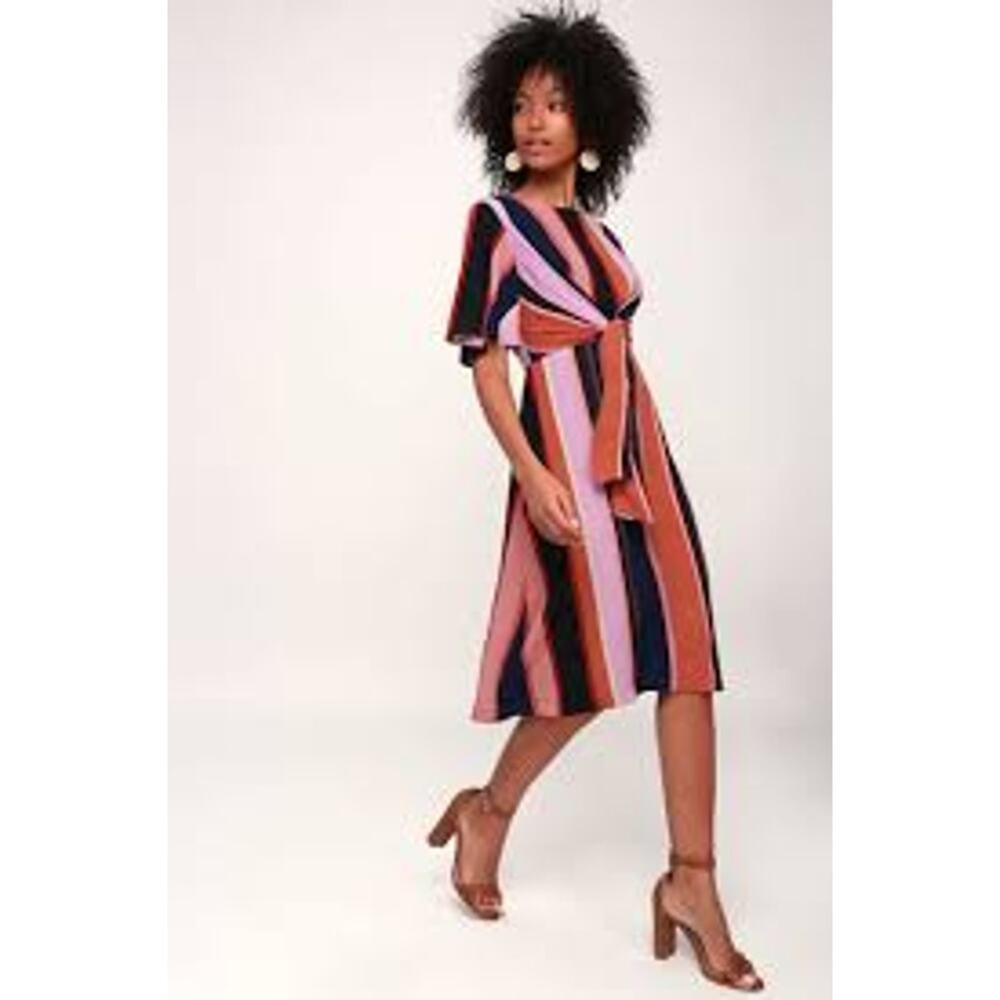 4SI3NNA Vertical Stripe Midi Dress Tie Front Fits Size Small DAY DRESS FEMININE - Picture 10 of 10